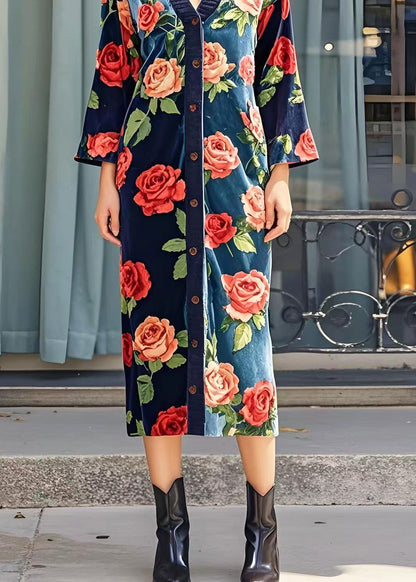 Italian Navy V Neck Silk Velvet Long Dress Spring