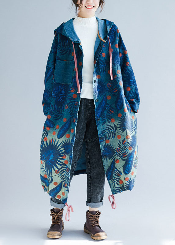Italian Navy Drawstring Print Hooded Coat Spring
