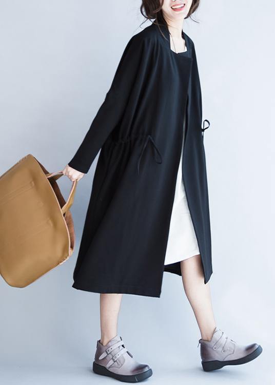 Italian Notched Drawstring Fall Coats Blouses Black Baggy Outwear
