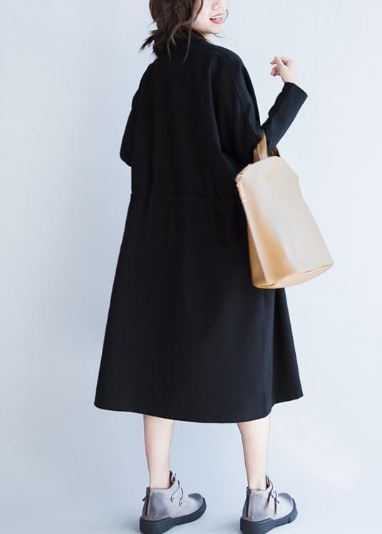 Italian Notched Drawstring Fall Coats Blouses Black Baggy Outwear
