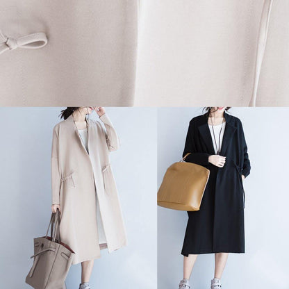 Italian Notched Drawstring Fall Coats Blouses Black Baggy Outwear