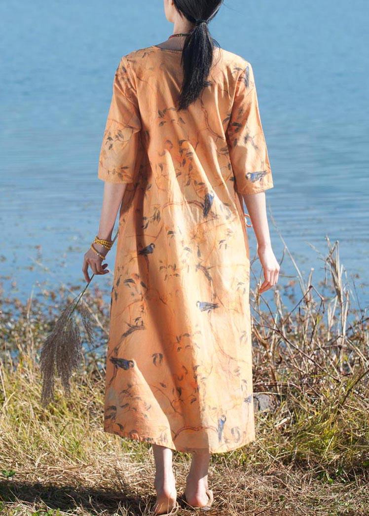 Italian O Neck Half Sleeve Dress Yellow Flower and Bird Print Maxi Dress