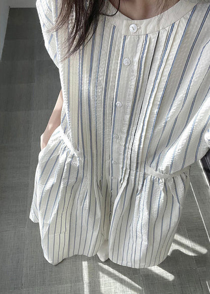 Italian O-neck Striped Cinched Patchwork Party Long Dress Short Sleeve