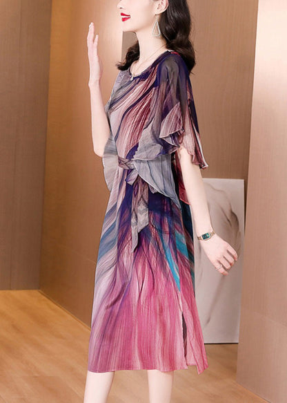 Italian O-neck Tie Dye Side Open Tie Waist Silk Long Dresses Summer