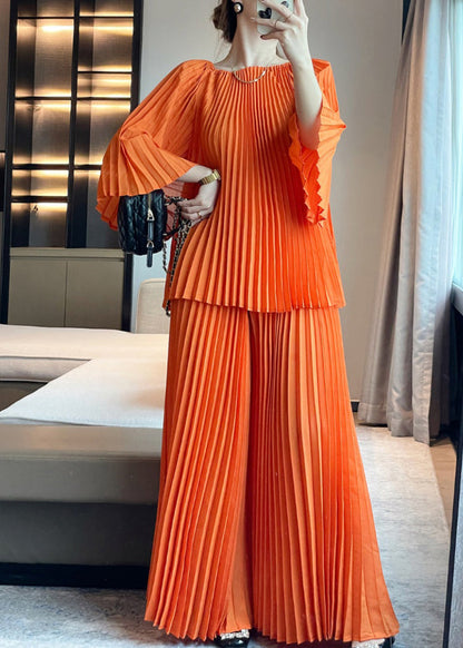 Italian Orange O-neck Wrinkled Top and Wide Leg Pants Two Piece Set Long Sleeve