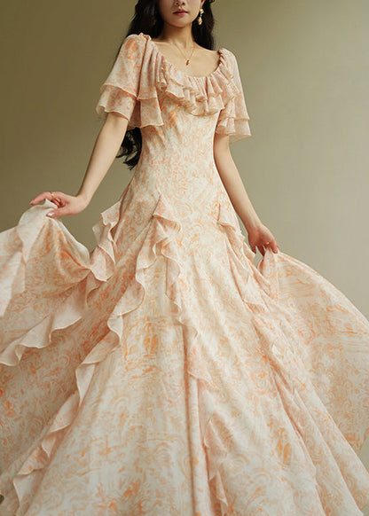 Italian Orange Ruffled Print Chiffon Maxi Dresses Summer