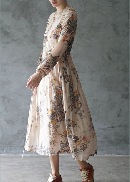 Italian Orange Tie Waist V Neck Print Party Dress Long Sleeve