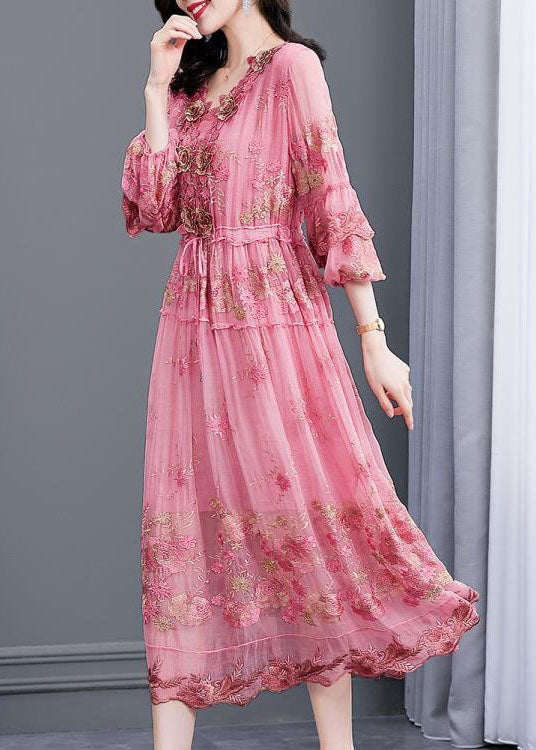 Italian Pink Embroidered Silk Cinched Dresses Bracelet Sleeve