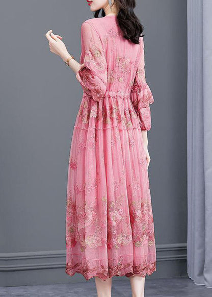 Italian Pink Embroideried Silk Cinched Dresses Bracelet Sleeve