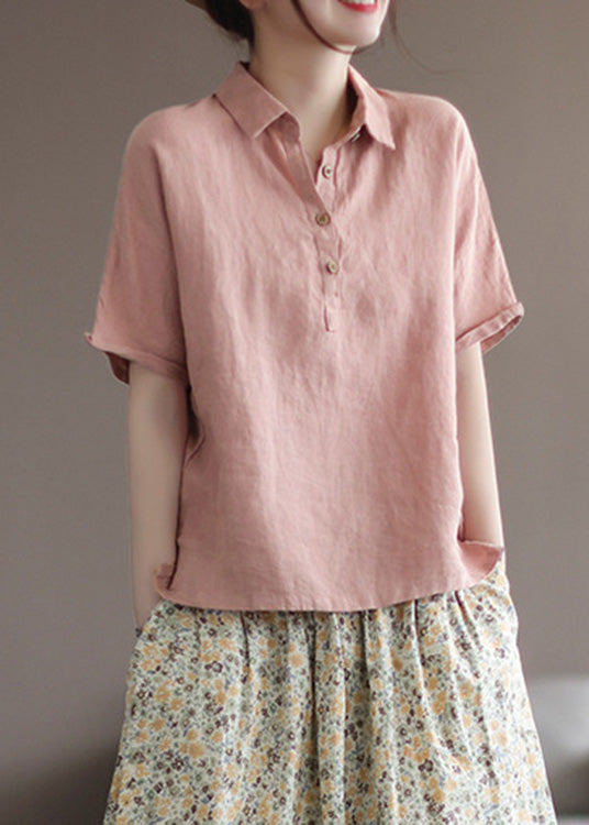 Italian Pink Peter Pan Collar Patchwork Button Linen Top Short Sleeve