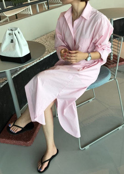 Italian Pink Peter Pan Collar Side Open Cotton Long Shirts Dresses Spring
