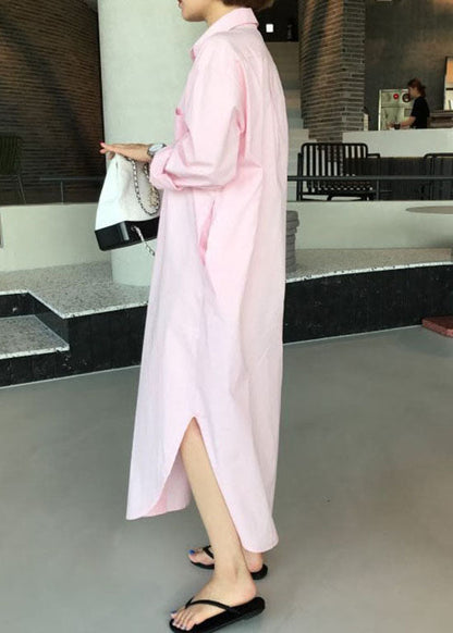 Italian Pink Peter Pan Collar Side Open Cotton Long Shirts Dresses Spring