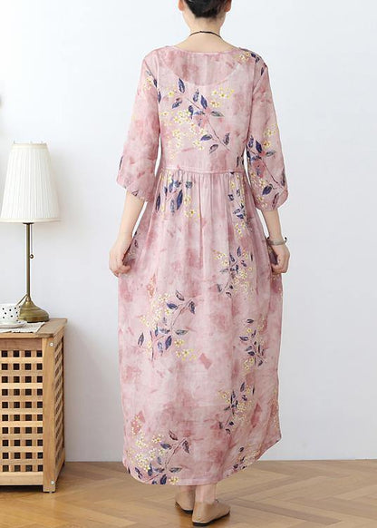 Italian Pink Print Cotton Orientaltie Waist Spring Dress