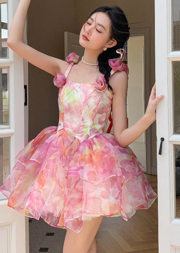 Italian Pink Print Silk Mini Strap Dress Sleeveless
