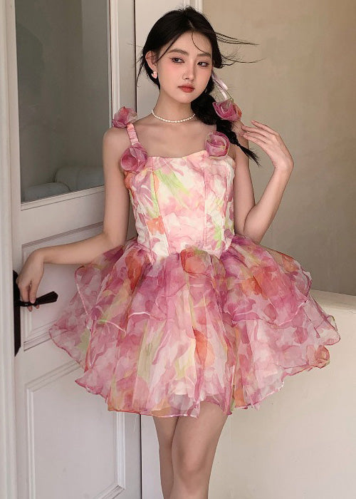 Italian Pink Print Silk Mini Strap Dress Sleeveless