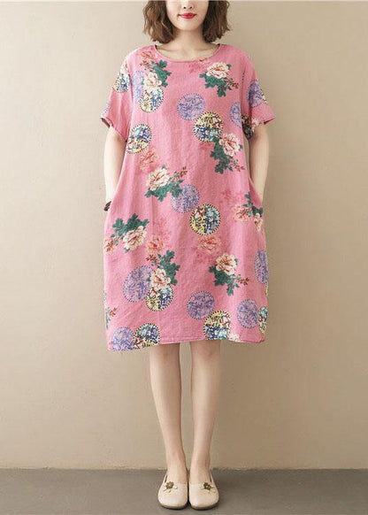 Italian Pink Print O-neck Maxi Summer Chiffon Dress