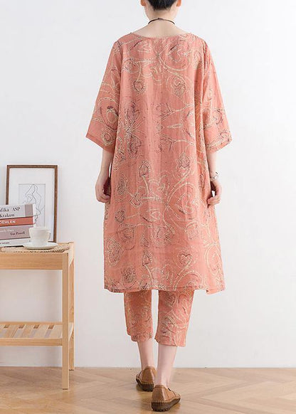 Italian Pink Print Ramie O-neck Short Sleeve Harem Two Pieces Set
