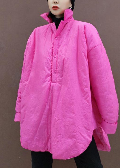 Italian Pink Tunic Top Stand Collar Low High Design Plus Size Clothing Spring Blouse