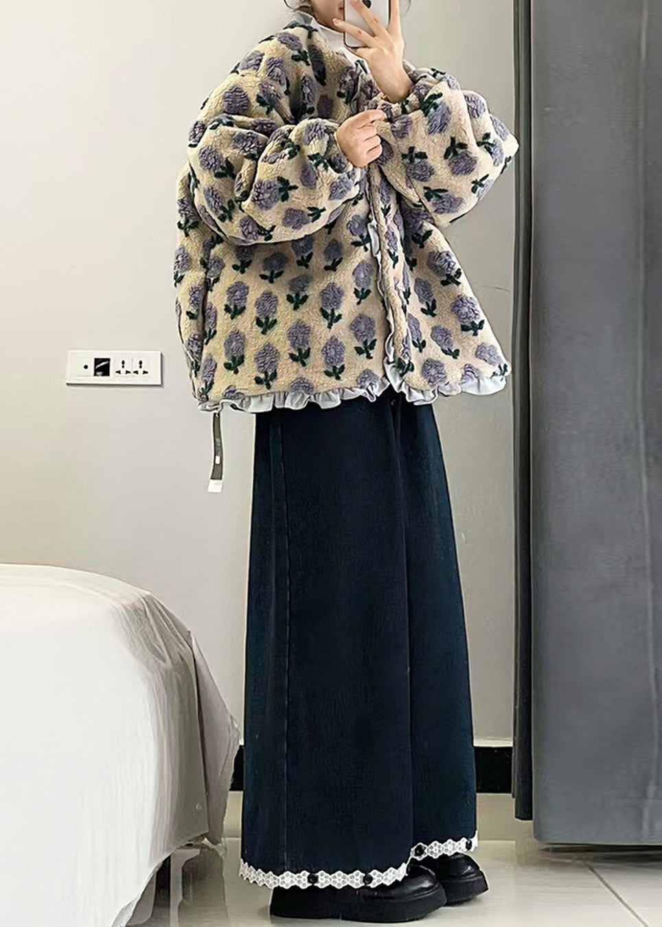 Italian Print Ruffled Patchwork Mink Velvet Coats and Wide Leg Pants Two Pieces Set Winter