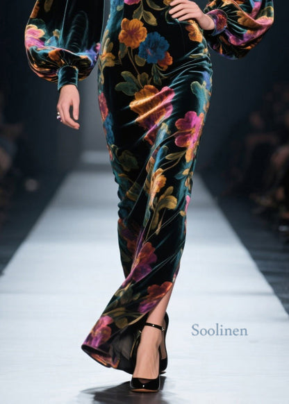 Italian Print Side Open Velvet Long Dresses Lantern Sleeve