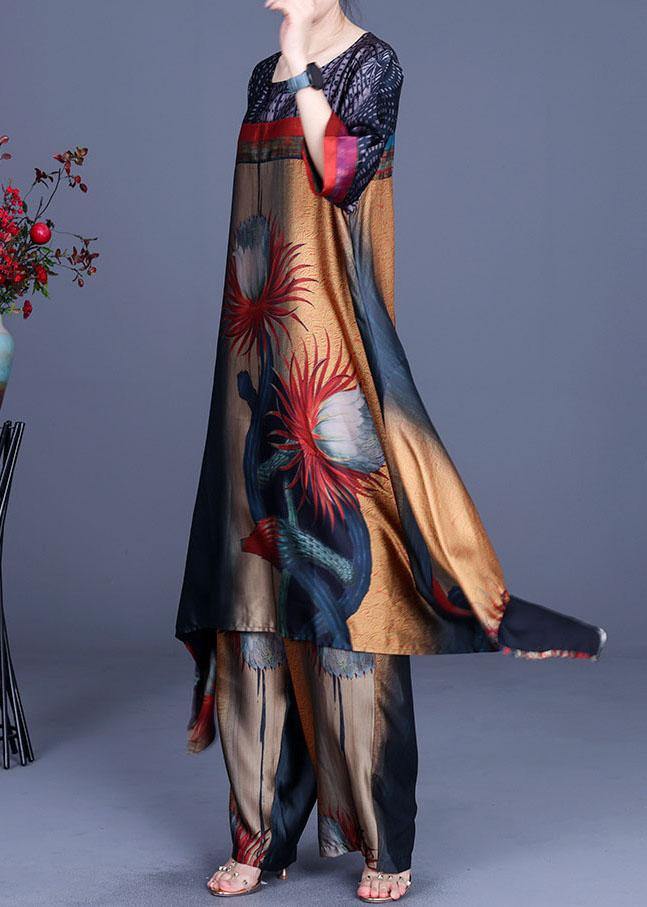 Italian Print Chiffon Asymmetrical Design Wide Leg Two Pieces Set