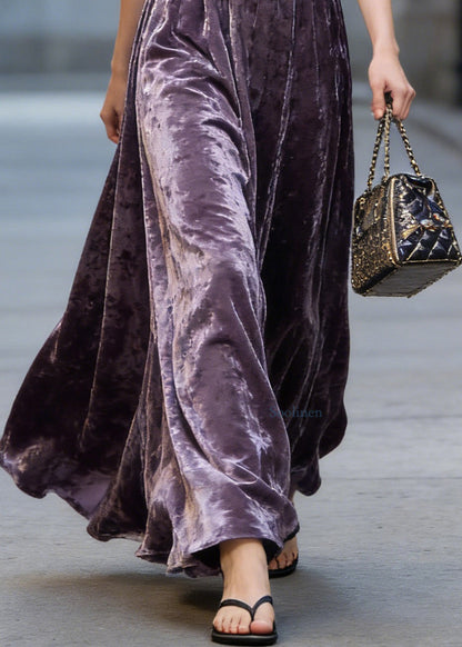 Italian Purple Elastic Waist Exra Large Hem Velvet Skirt Spring