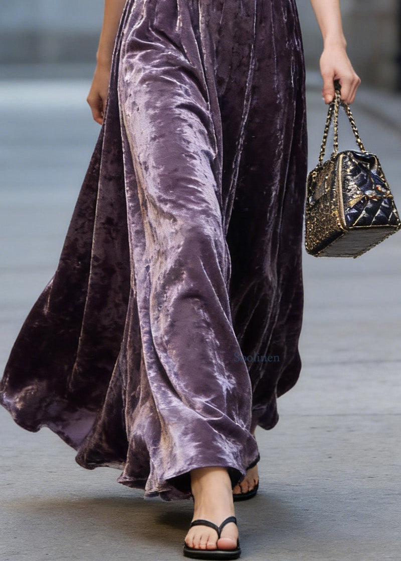Italian Purple Elastic Waist Exra Large Hem Velvet Skirt Spring