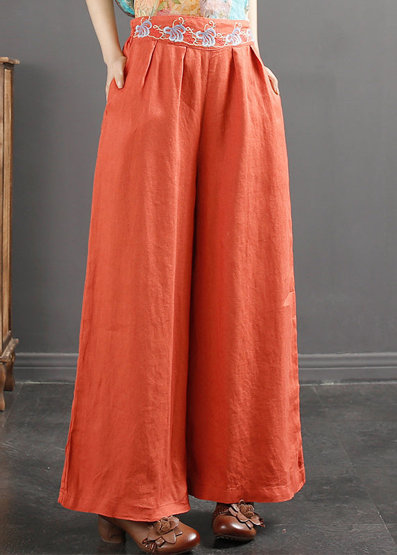 Italian Yellow Flowers Embroidered Pockets Linen Straight Pants Spring