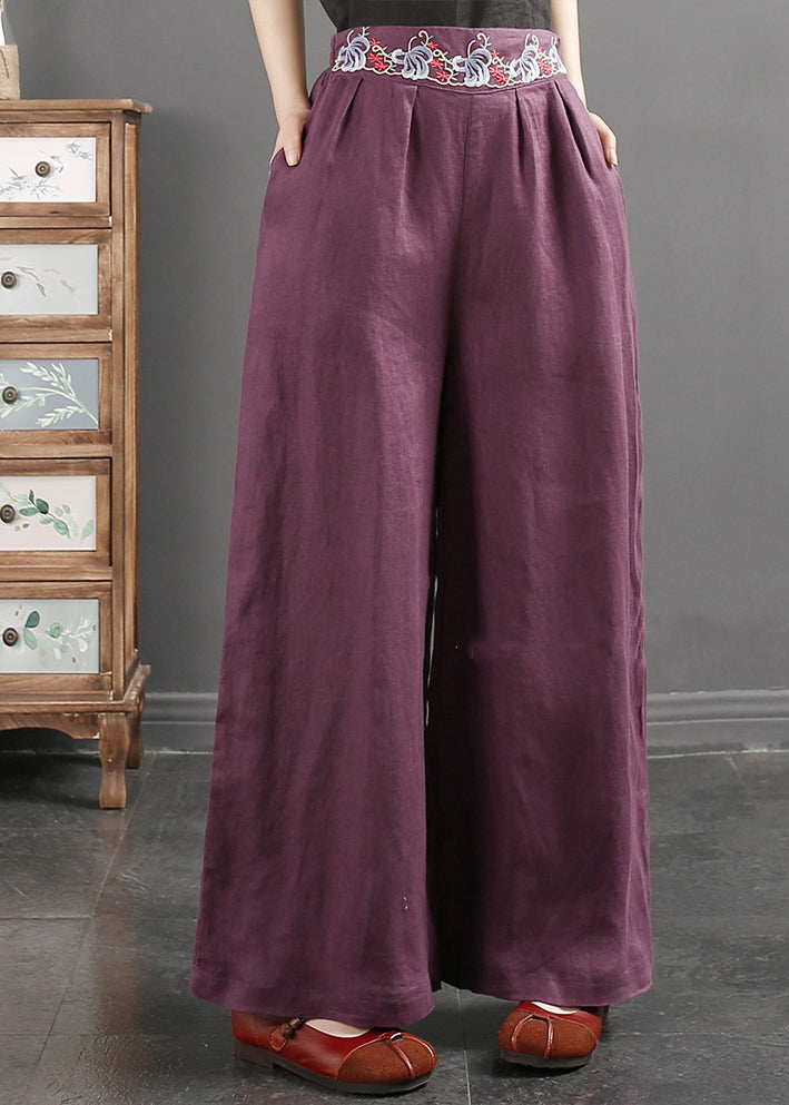 Italian Yellow Flowers Embroidered Pockets Linen Straight Pants Spring