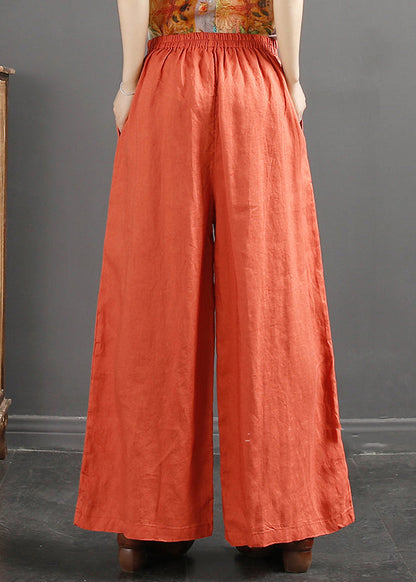 Italian Yellow Flowers Embroidered Pockets Linen Straight Pants Spring