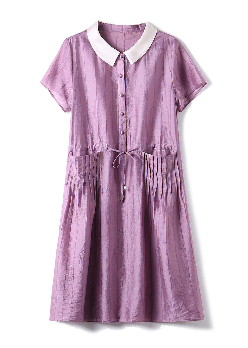 Italian Purple O-neck Patchwork Drawstring Button Party Long Dress Summer