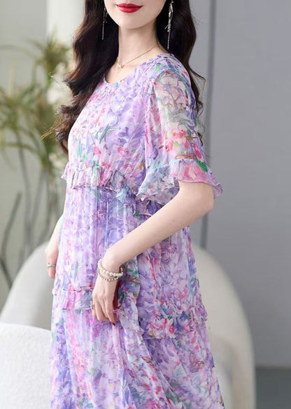 Italian Purple O-neck Ruffled Print Chiffon Dress Summer