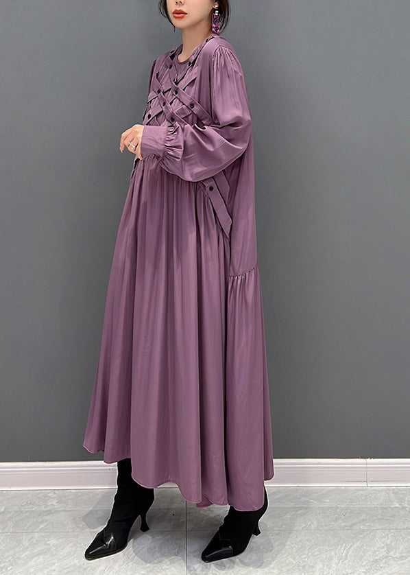 Italian Purple O-neck Wrinkled Button Maxi Dresses Spring