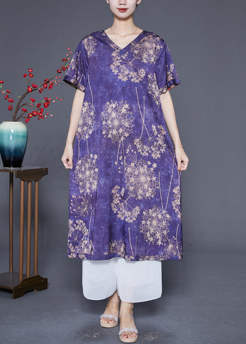 Italian Purple Print Khaki Tie Dye Wear on Both Sides Silk Vacation Dresses Summer