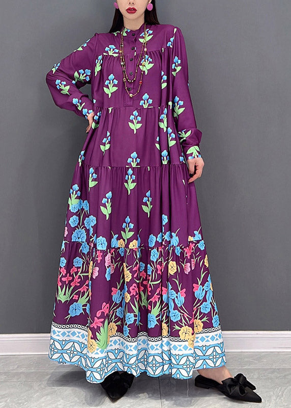 Italian Purple Stand Collar Button Vacation Dresses Long Sleeve
