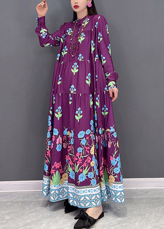 Italian Purple Stand Collar Button Vacation Dresses Long Sleeve