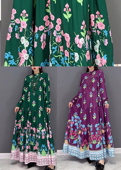 Italian Purple Stand Collar Button Vacation Dresses Long Sleeve