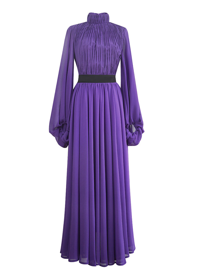 Italian Purple Stand Collar Wrinkled Silk Long Dresses Lantern Sleeve