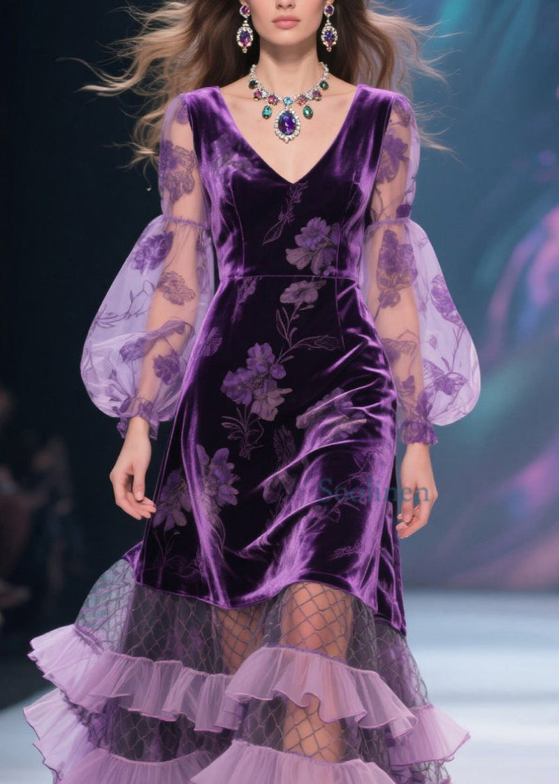 Italian Purple V Neck Print Tulle Ruffled Velvet Dress Spring