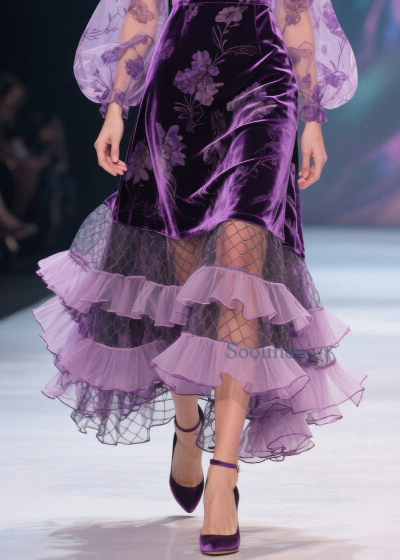 Italian Purple V Neck Print Tulle Ruffled Velvet Dress Spring