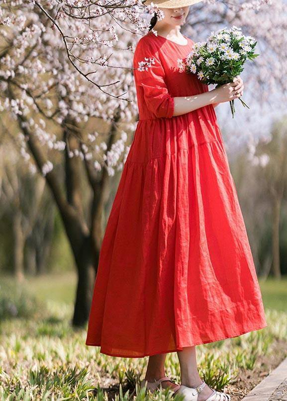 Italian Red Half Sleeve O-neck Summer Linen Dress