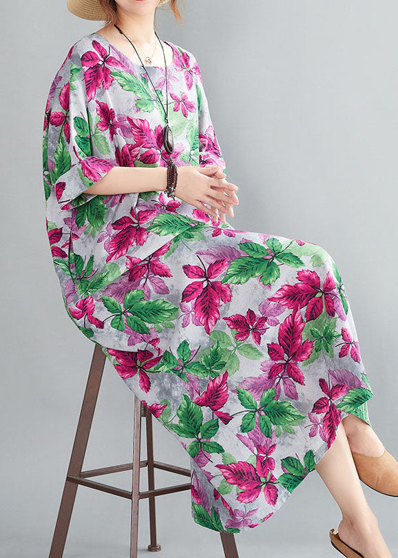 Italian Red O-neck Oversized Print Linen Long Dresses Gown Half Sleeve