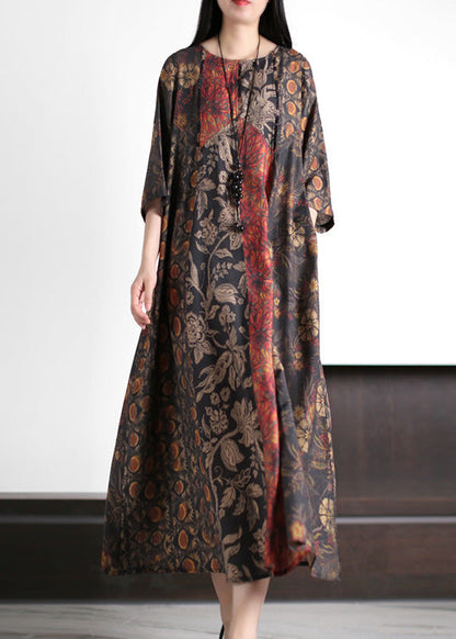 Italian Red O-neck Print Patchwork Silk Long Dress Half Sleeve