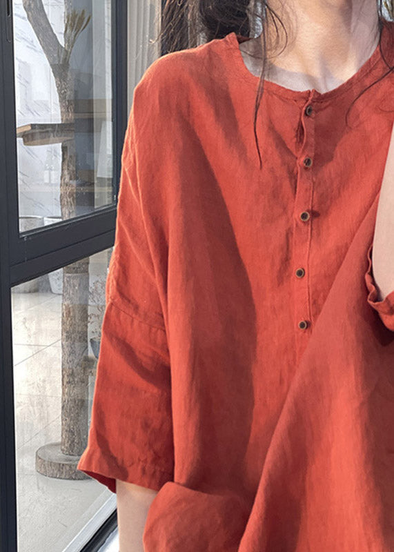 Italian Red O-neck Asymmetrical Design Linen Shirts Three Quarter Sleeve