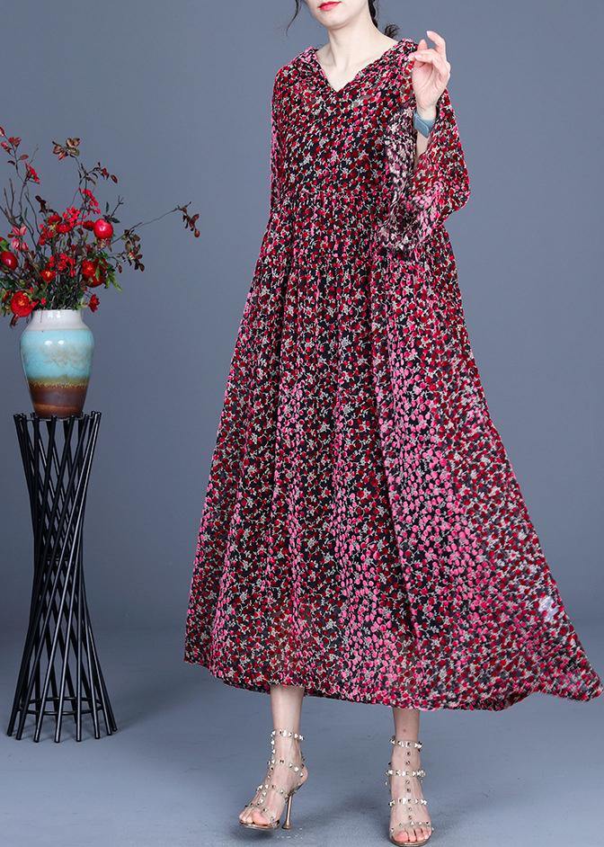 Italian Red Print Flare Sleeve Summer Silk Maxi Dresses