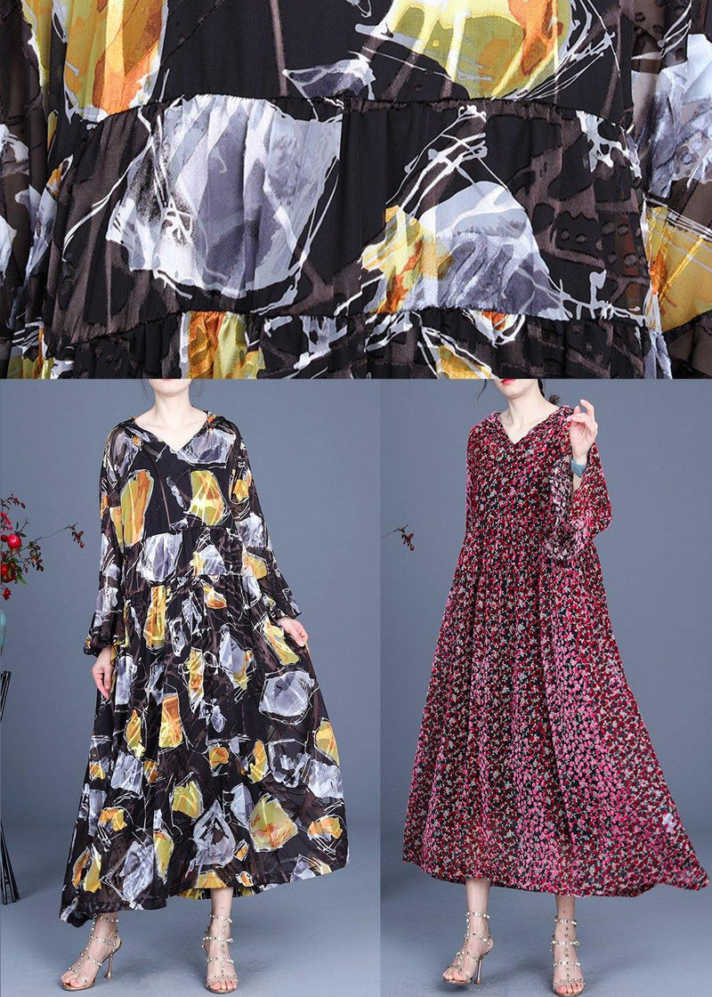 Italian Red Print Flare Sleeve Summer Silk Maxi Dresses