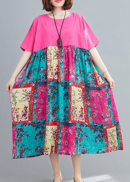 Italian Rose O-neck Patchwork Pocket Vacation Dress Short Sleeve
