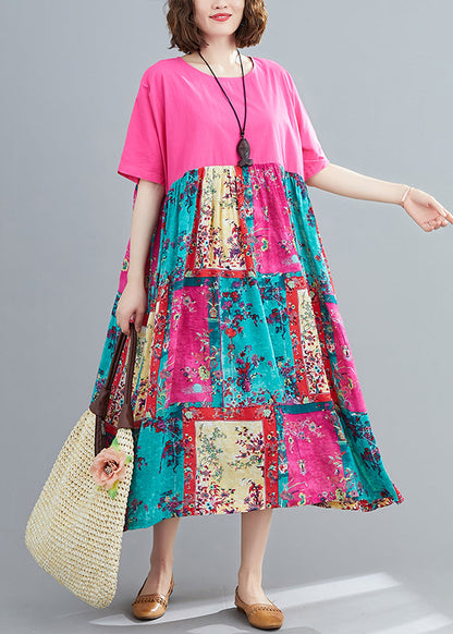 Italian Rose O-neck Patchwork Pocket Vacation Dress Short Sleeve