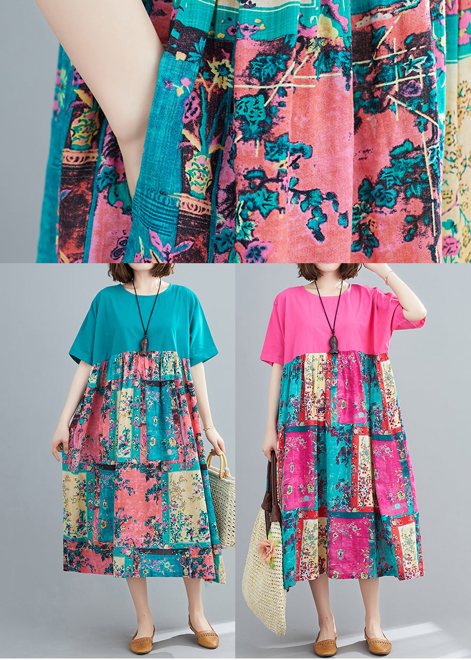 Italian Rose O-neck Patchwork Pocket Vacation Dress Short Sleeve
