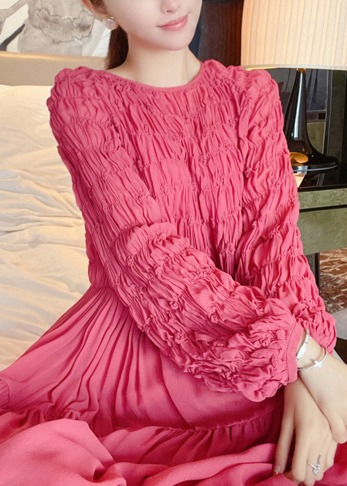 Italian Rose O-neck Wrinkled Silk Long Dresspuff Sleeve